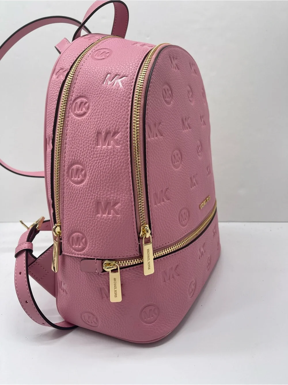 Michael Kors Rhea Medium Zip MK Logo Debossed Backpack Carnation NWT